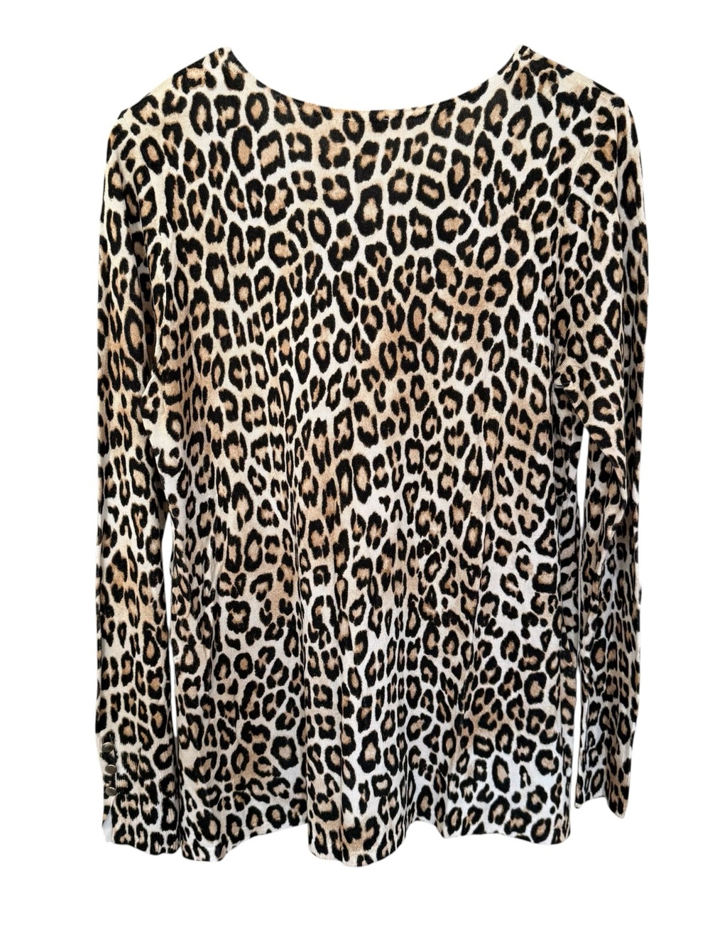 Chico’s Womens Sweater Top Size Large Black Brown Animal Leopard Long Sleeves - Picture 2 of 9